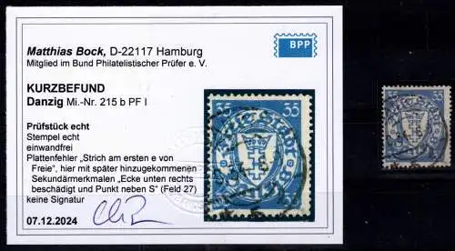 Danzig 215 b PF I gestempelt Kurzbefund Bock BPP, Plattenfehler I #OF969