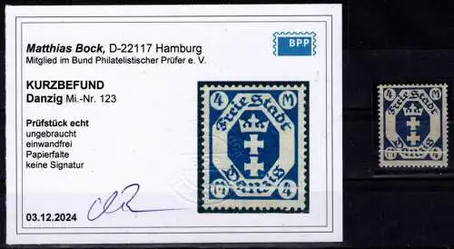 Danzig 123 mit Falz Kurzbefund Bock BPP, mit Papierfalte #OF963