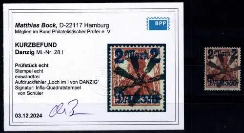 Danzig 28 I AF gestempelt Kurzbefund Bock BPP, Loch im I #OF968