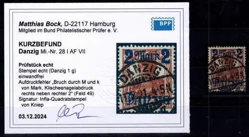 Danzig 28 I AF VII gestempelt Kurzbefund Bock BPP, Plattenfehler VII #OF974