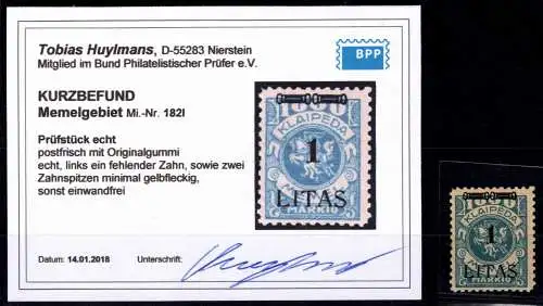 Memel 182 I postfrisch Kurzbefund Huylemans BPP #OF997