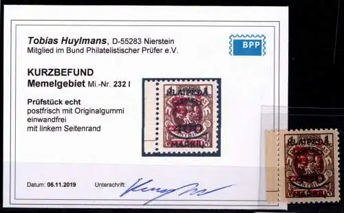 Memel 232 I postfrisch Kurzbefund Huylemans BPP #OF995