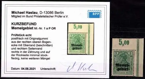 Memel 1 a P OR postfrisch Kurzbefund Haslau BPP #OF983