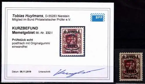 Memel 232 I postfrisch Kurzbefund Huylemans BPP #OF996