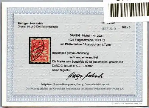 Danzig 202 PF I gestempelt Befund Soecknick BPP #OH766