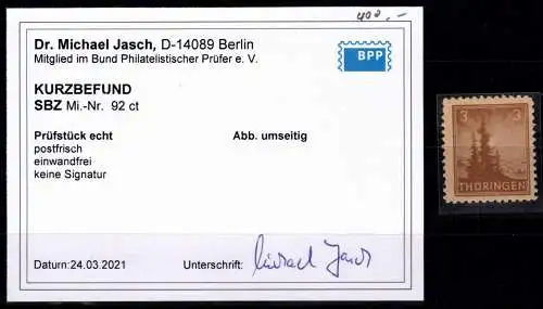 SBZ 92 ct postfrisch Kurzbefund Jasch BPP #OH360