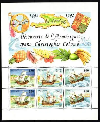 Monaco Block 55 mit 2070–2072 postfrisch 500. Jahre Entdeckung Amerika #IQ748