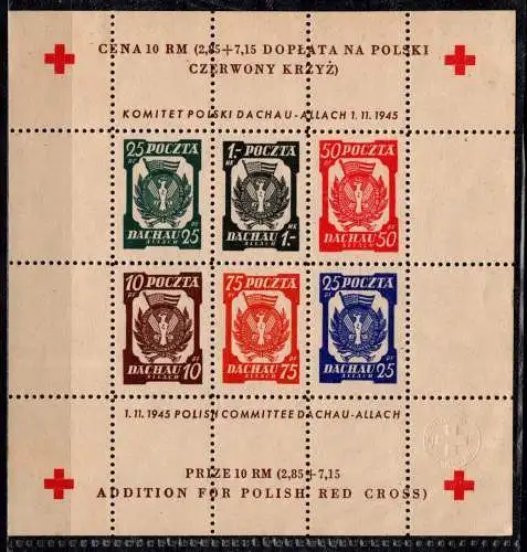 Lokalausgaben Dachau 1945 Polen Souvenirblock ohne Gummi Rotes Kreuz #ON711