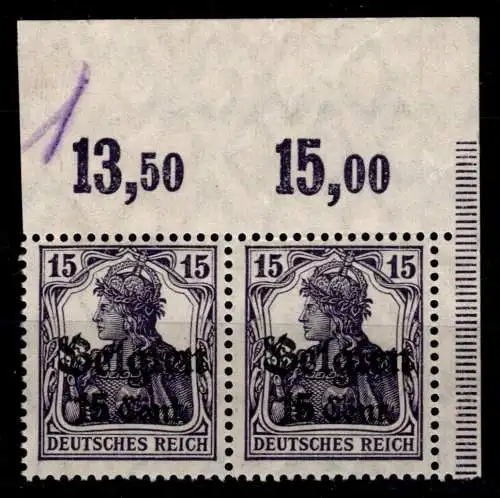 Deutsche Besetzung 1. WK Belgien 16 P OR postfrisch Paar Ecke 2 #ON762