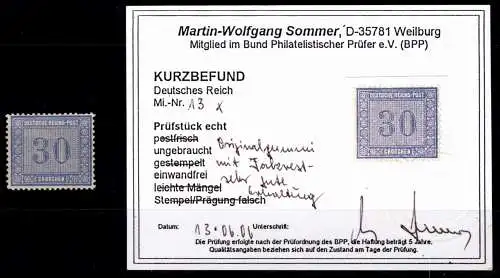 Deutsches Reich 13 mit Falz Kurzbefund Sommer BPP #OK695