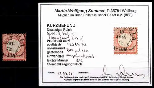 Deutsches Reich 3 gestempelt Kurzbefund Sommer BPP, Hufeisenstempel #OK712