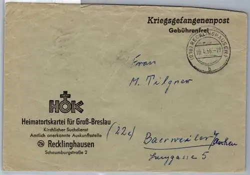 BRD Bund Kriegsgefangenenpost auf Brief Suchdienst 1956 #ON832