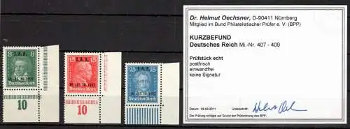 Deutsches Reich 407-409 postfrisch vom Eckrand Kurzbefund Schlegel BPP #OK788