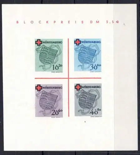 Französische Zone Württemberg Block 1 ohne Gummi wie verausgabt #OO597