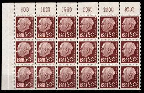 Saarland 393 Ecke 1 postfrisch 18 er Block ungefaltet 6 x OR #ON867