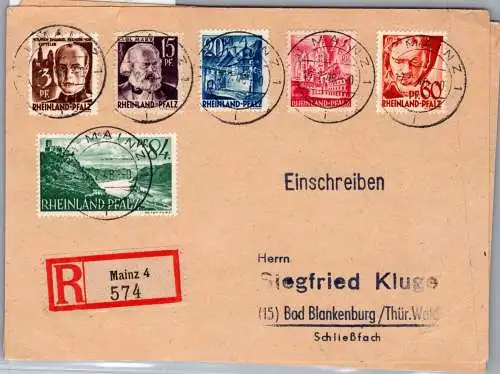 Alliierte Besetzung Rh. Pfalz 1-8, 10, 12-15 auf Postkarte Einschreiben #ON968