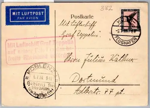 Deutsches Reich 382 auf Postkarte Zeppelinfahrt #OO221