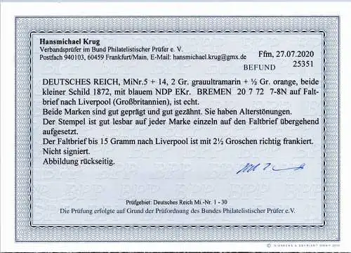 Deutsches Reich 5, 14 auf Brief NDP Stempel Bremen #OO226