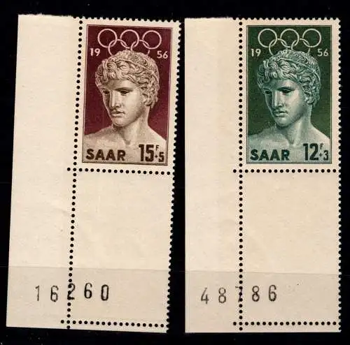 Saarland 371-372 Ecke 3 postfrisch Eckrand mit Bogen- Nr. ungefaltet #OP004