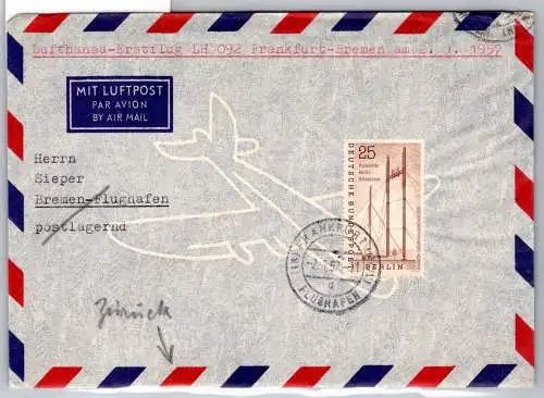 Berlin 157 auf Brief Lufthansa Erstflug #OP156