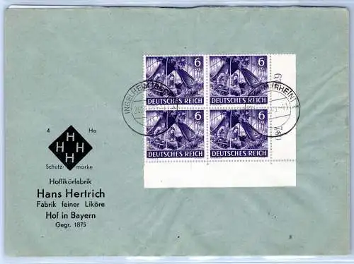 Deutsches Reich 834 auf Brief Eckrand 4er Block #OP622