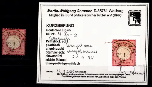 Deutsches Reich 4 gestempelt Ausgabemonat, Kurzbefund Sommer BPP #OK380