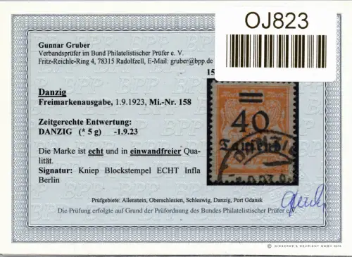 Danzig 158 gestempelt Befund Gruber BPP #OJ823