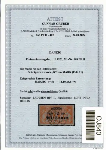 Danzig 168 PF II gestempelt neues Attest Gruber BPP #OJ840