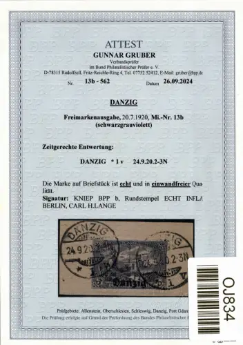 Danzig 13 b gestempelt neues Attest Gruber BPP #OJ834