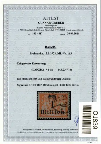 Danzig 163 gestempelt neues Attest Gruber BPP #OJ839