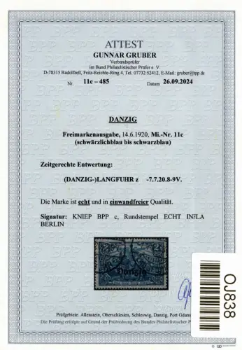 Danzig 11 c gestempelt neues Attest Gruber BPP #OJ838