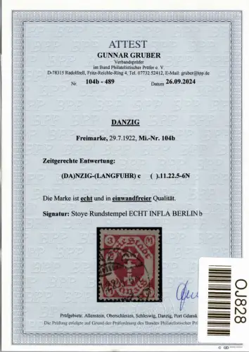 Danzig 104 b gestempelt Attest Gruber BPP #OJ828