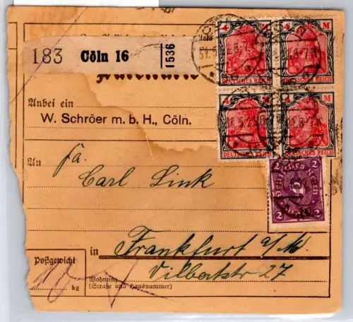 Deutsches Reich 187, 191 auf Paketkarte #OP667