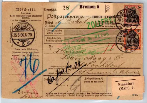 Deutsches Reich 89, 91 auf Auslandspaketkarte #OP651