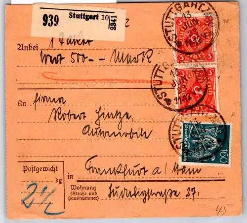 Deutsches Reich 170, 192 auf Paketkarte #OP655