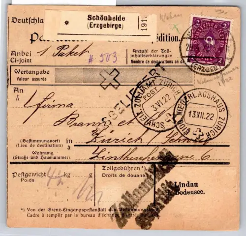 Deutsches Reich 182, 191, 195, 196 auf Paketkarte #OP668