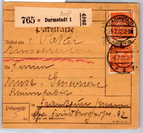 Deutsches Reich 189 auf Paketkarte #OP654