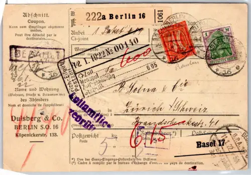 Deutsches Reich 150, 163, 176 auf Auslandspaketkarte #OP647
