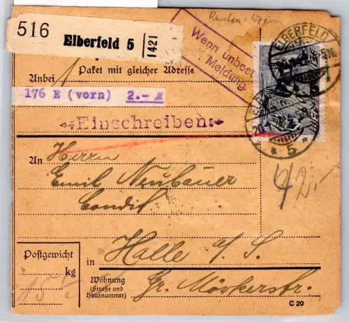 Deutsches Reich 152, 175, 176 auf Paketkarte #OP656