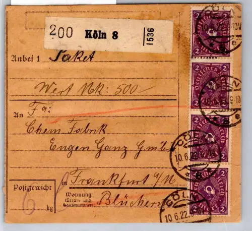 Deutsches Reich 187, 191 auf Paketkarte #OP666