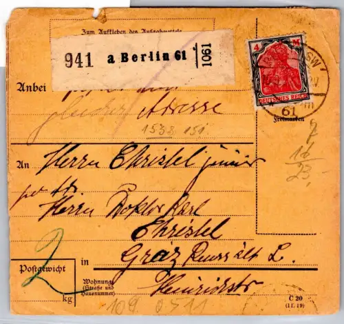 Deutsches Reich 150, 152 auf Paketkarte #OP660