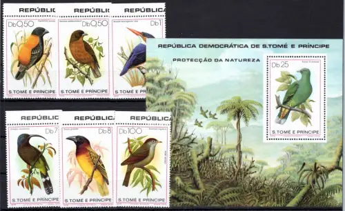 Sao Tome e Principe Block 39 + 604-609 postfrisch Vögel #OM202