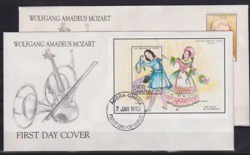 Ghana 1785 und Block 216 gestempelt als FDC / Mozart #OE081