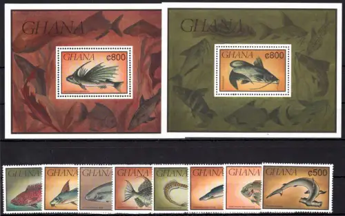 Ghana 1523-1530 und Block 175 und 176 mit Falz Fische #OE164