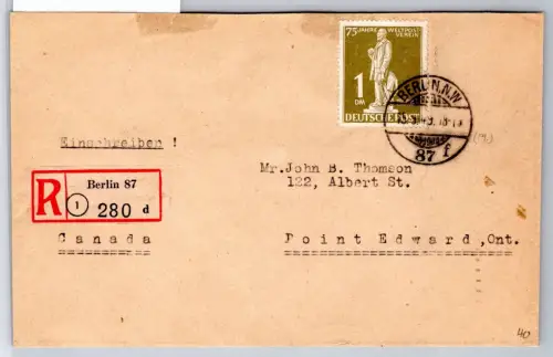 Berlin 40 auf Brief als Einzelfrankatur Einschreiben Ausland #OR092