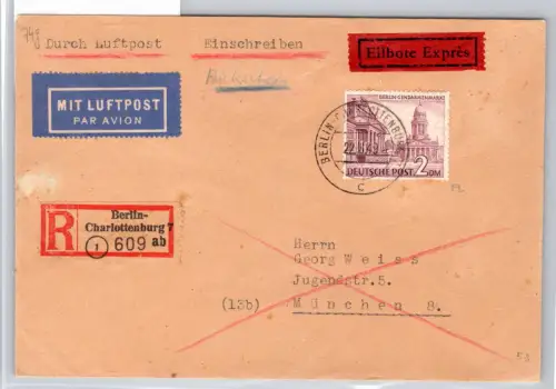 Berlin 58 auf Brief als Einzelfrankatur Luftpost, Einschreiben, Eilbote #OR121