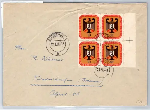 Berlin 136 auf Brief als Mehrfachfrankatur im 4er Block #OR452