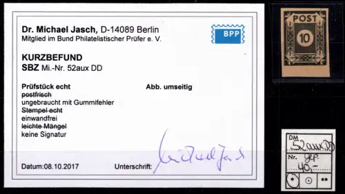 SBZ 52 aux DD mit Falz geprüft Dr. Jasch BPP #OR830