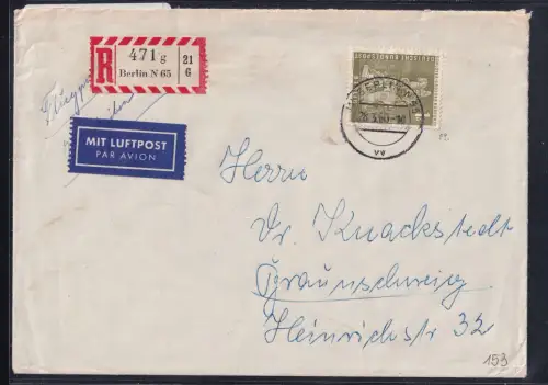 Berlin 153 auf Brief als Einzelfrankatur Luftpost Einschreiben #OT667