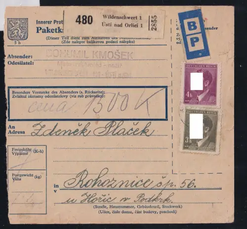 Böhmen und Mähren 102, 103 auf Paketkarte #OT768